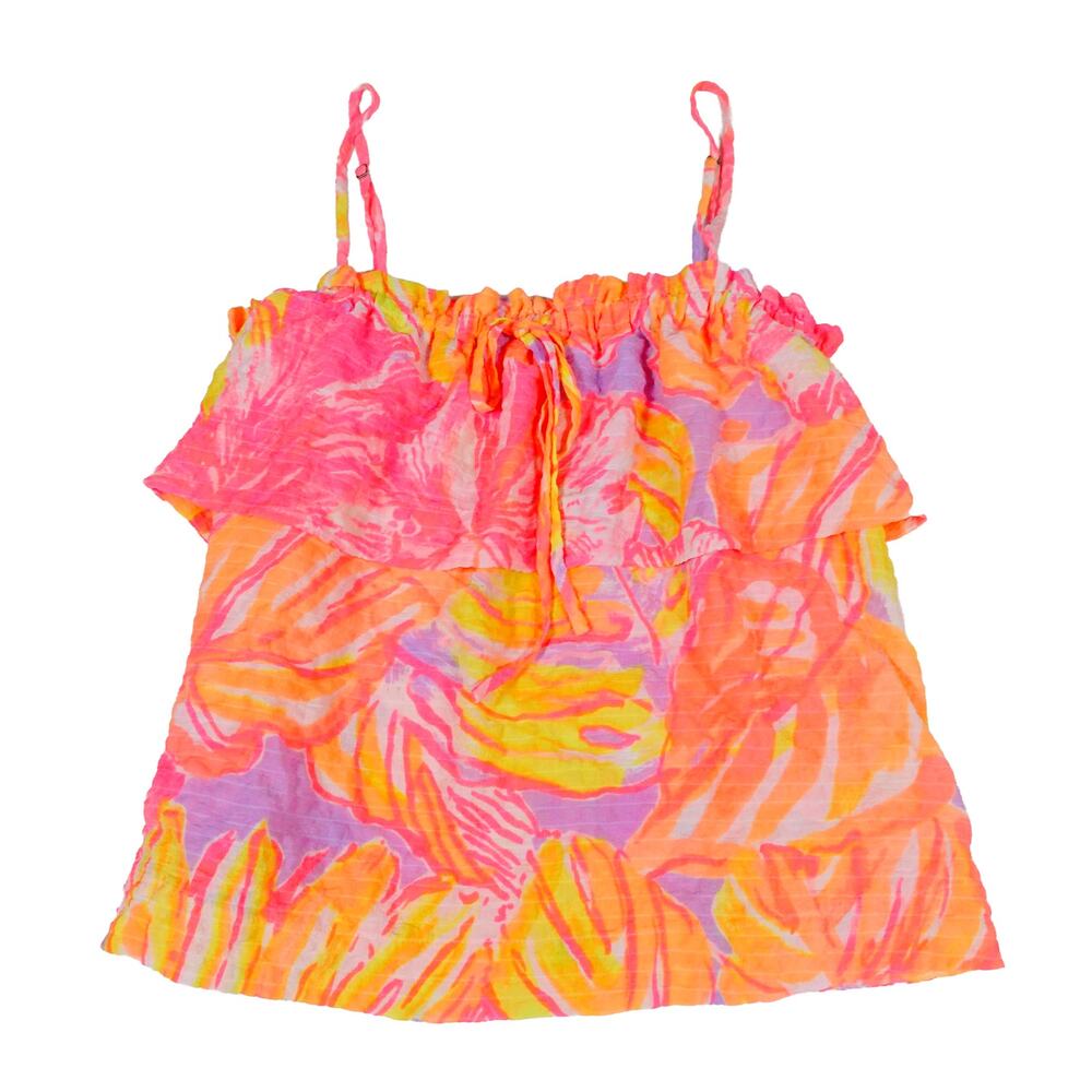 Lilly Pulitzer Neon Floral Ruffle Strap Cami Top Pink Orange Women's Small